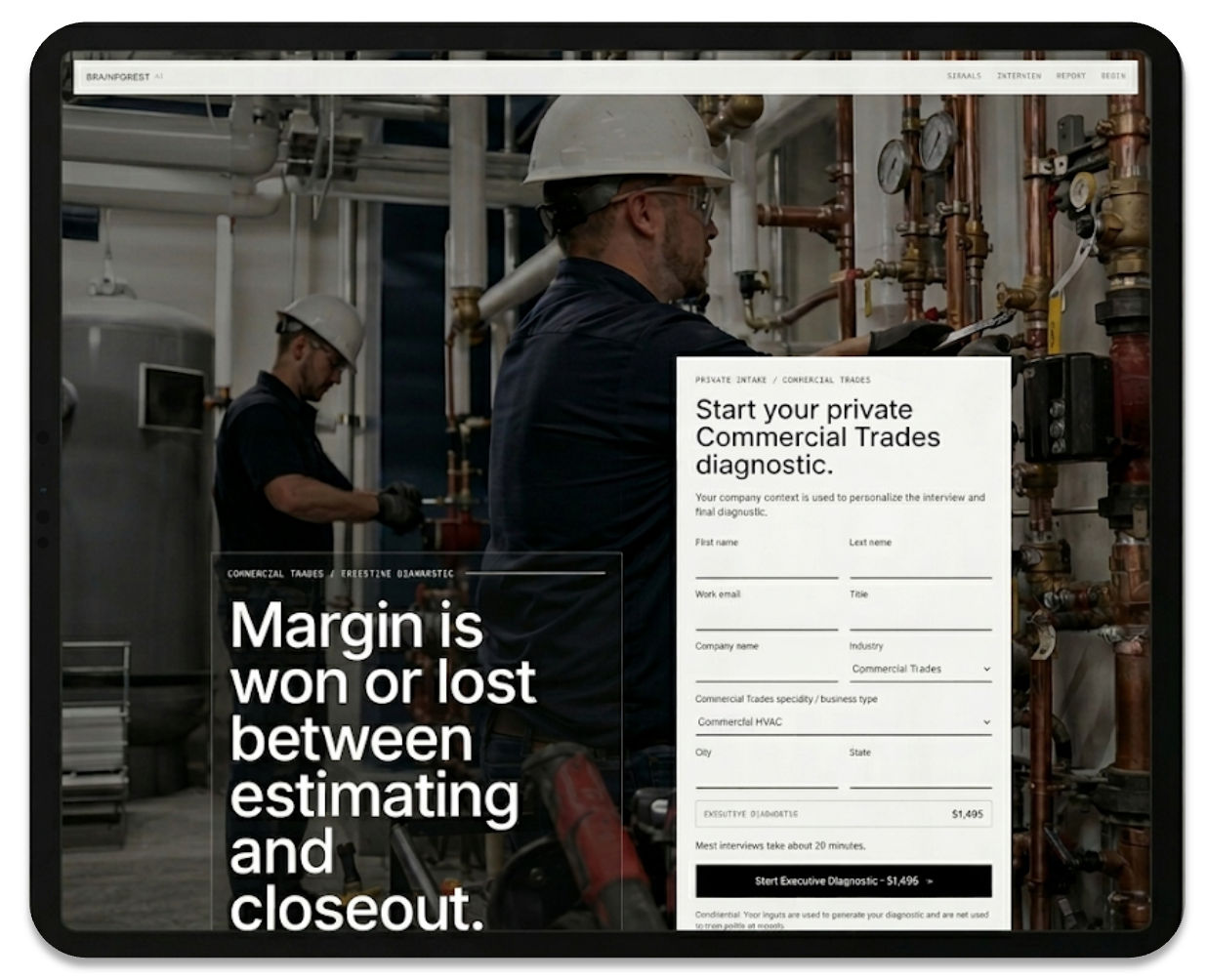 Preview of the Brainforest AI executive diagnostic for commercial trades on a tablet.